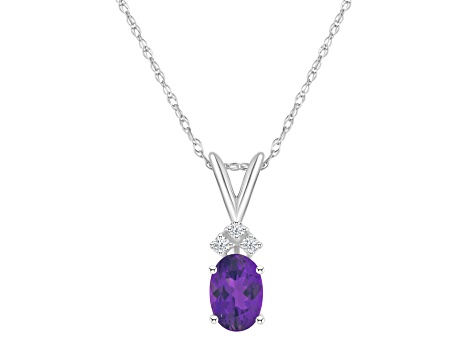 7x5mm Oval Amethyst with Diamond Accents 14k White Gold Pendant With Chain