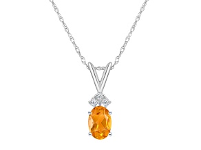 7x5mm Oval Citrine with Diamond Accents 14k White Gold Pendant With Chain