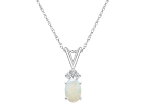 7x5mm Oval Opal with Diamond Accents 14k White Gold Pendant With Chain