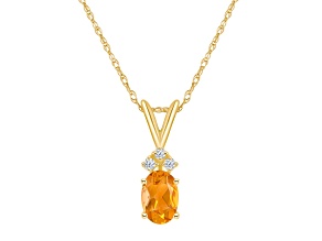 7x5mm Oval Citrine with Diamond Accents 14k Yellow Gold Pendant With Chain