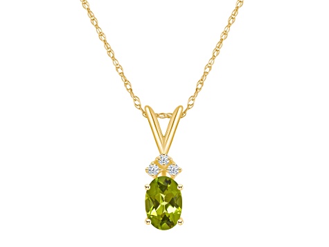 7x5mm Oval Peridot with Diamond Accents 14k Yellow Gold Pendant With Chain