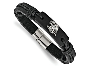 Stainless Steel Antiqued and Polished Eagle Head Black Leather Bracelet