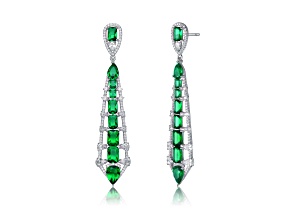 Green Cubic Zirconia, Rhodium Over Sterling Silver Ladder Style Dangle Earrings