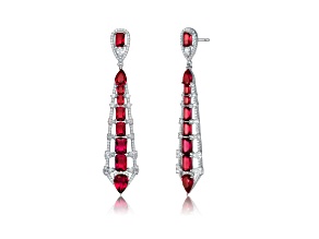 Red Cubic Zirconia, Rhodium Over Sterling Silver Ladder Style Dangle Earrings