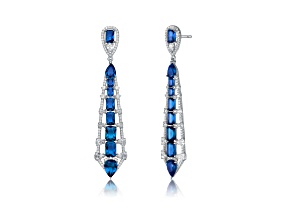 Blue Cubic Zirconia, Rhodium Over Sterling Silver Ladder Style Dangle Earrings
