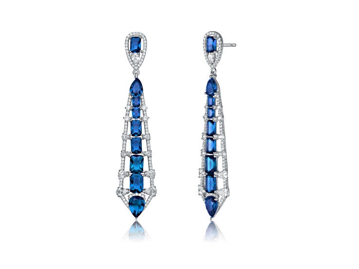 Blue Cubic Zirconia, Rhodium Over Sterling Silver Ladder Style Dangle Earrings