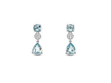 Picture of Rhodium Over Sterling Silver 9x7mm Pear Shape Aquamarine and White Cubic Zirconia Earrings 3.40ctw