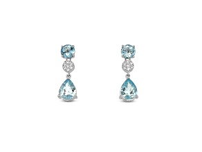 Rhodium Over Sterling Silver 9x7mm Pear Shape Aquamarine and White Cubic Zirconia Earrings 3.40ctw
