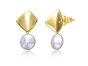 White Coin Freshwater Pearl, 14K Yellow Gold Plated over Sterling Silver Dangle Earrings
