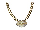 Gold Tone AB Glitter with Clear Crystal Lip Pendant Necklace