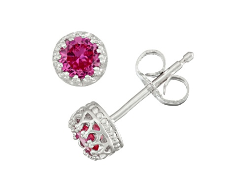 Round Lab Created Pink Sapphire Sterling Silver Childrens Stud Earrings 0.54ctw