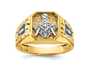 10K Two-tone Yellow and White Gold Textured and Enamel Diamond Blue Lodge Masonic Ring 0.1ctw