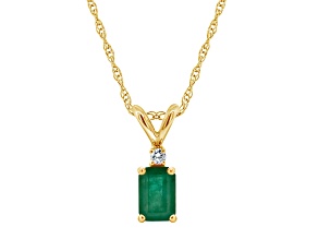 6x4mm Emerald Cut Emerald with Diamond Accent 14k Yellow Gold Pendant With Chain