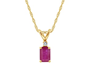 6x4mm Emerald Cut Ruby with Diamond Accent 14k Yellow Gold Pendant With Chain