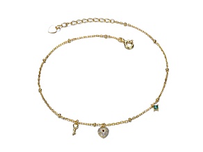 Emerald Green Cubic Zirconia, 14K Gold Plated over Brass with Heart and Key Charm Bracelet