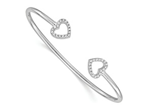 Rhodium Over Sterling Silver Cubic Zirconia Heart Cuff Bangle