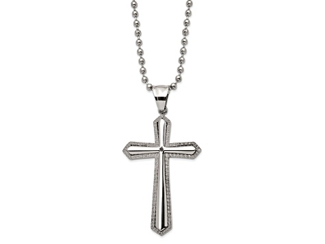 Black Cubic Zirconia Stainless Steel Polished Men's Cross Pendant With Chain