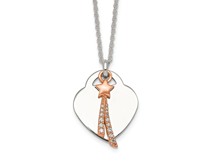 10K Rose Gold Over Sterling Silver Polished Cubic Zirconia Shooting Star and Heart Necklace