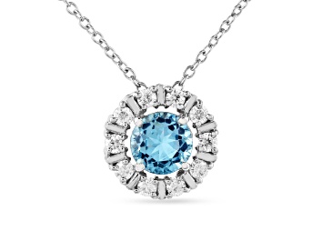 Picture of Swiss Blue Topaz Birthstone Necklace with Moissanite Accents Sterling Silver  Pendant with Chain