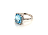 Rectangular Octagonal Sky Blue Topaz and Cubic Zirconia Rhodium Over Sterling Silver Ring