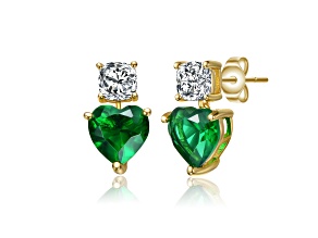 Green Color Cubic Zirconia, 14k Gold Plated over Sterling Silver Two-Stone Heart Earrings