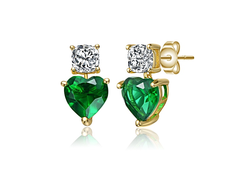 Green Color Cubic Zirconia, 14k Gold Plated over Sterling Silver Two-Stone Heart Earrings