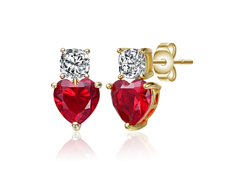 Red Color Cubic Zirconia, 14k Gold Plated over Sterling Silver Two-Stone Heart Earrings