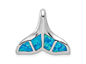 Rhodium Over Sterling Silver Lab Created Blue Opal Whale Tail Chain Slide Pendant