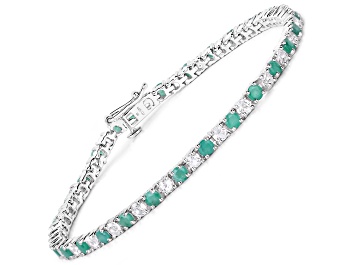 Picture of Green Natural Emerald and White Topaz Sterling Silver Tennis Bracelet  6.87ctw