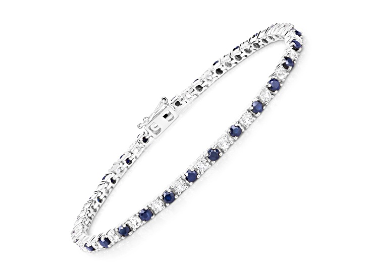 Natural Blue Sapphire and White Topaz Sterling Silver Tennis Bracelet 6.87ctw