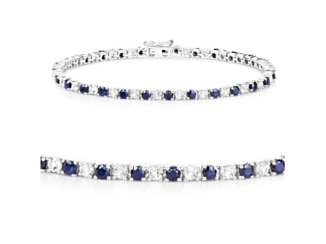 Natural Blue Sapphire and White Topaz Sterling Silver Tennis Bracelet 6.87ctw