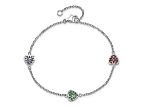 Rhodium Over Sterling Silver Red, Green and Blue Glass Heart with 1-inch Extension Bracelet