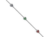 Rhodium Over Sterling Silver Red, Green and Blue Glass Heart with 1-inch Extension Bracelet