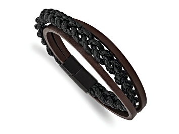 Picture of Black and Brown Leather and Stainless Steel Brushed Black IP Plated Multi Strand Bracelet