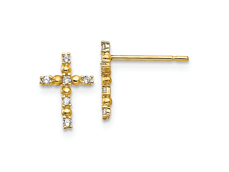 14k Yellow Gold Children's Cubic Zirconia Cross Stud Earrings