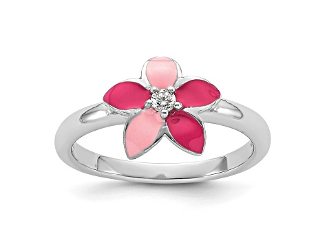 Rhodium Over Sterling Silver Pink Enameled and Cubic Zirconia Flower Children's Ring