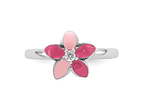 Rhodium Over Sterling Silver Pink Enameled and Cubic Zirconia Flower Children's Ring