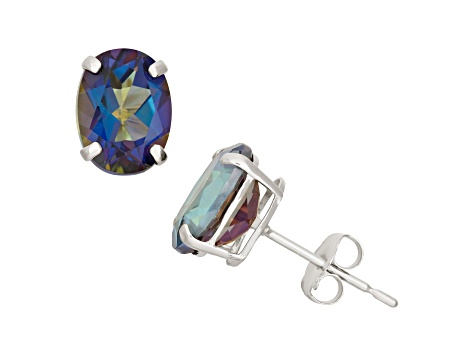 Oval Lab Created Mystic Blue Topaz 10K White Gold Earrings 2.70ctw
