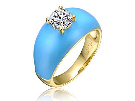 14k Yellow Gold over Plated with Clear Cubic Zirconia Blue Enamel Dome Ring