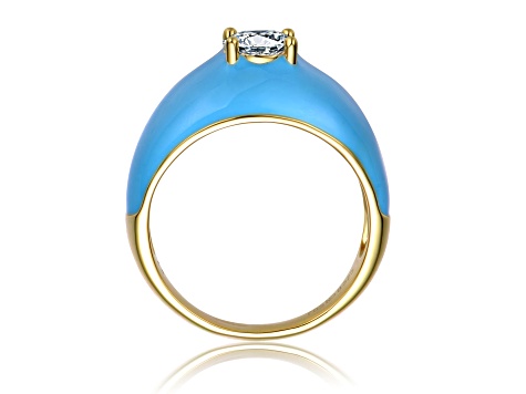 14k Yellow Gold over Plated with Clear Cubic Zirconia Blue Enamel Dome Ring