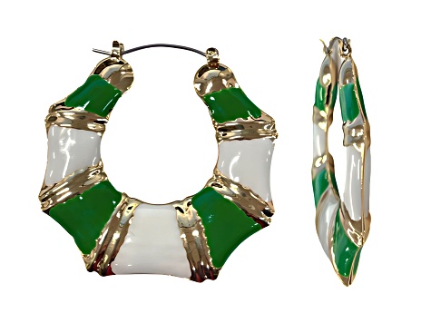 Gold Tone Green and White Enamel Earring