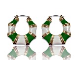 Gold Tone Green and White Enamel Earring