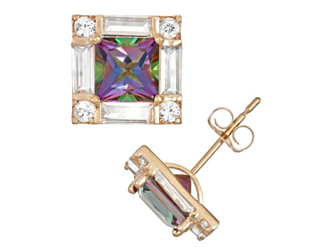 Square Mystic Fire Topaz 10K Yellow Gold Stud Earrings 3.92ctw