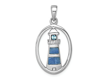 Picture of Rhodium Over Sterling Silver Oval Adventurine and Cubic Zirconia Lighthouse Pendant
