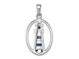 Rhodium Over Sterling Silver Oval Adventurine and Cubic Zirconia Lighthouse Pendant