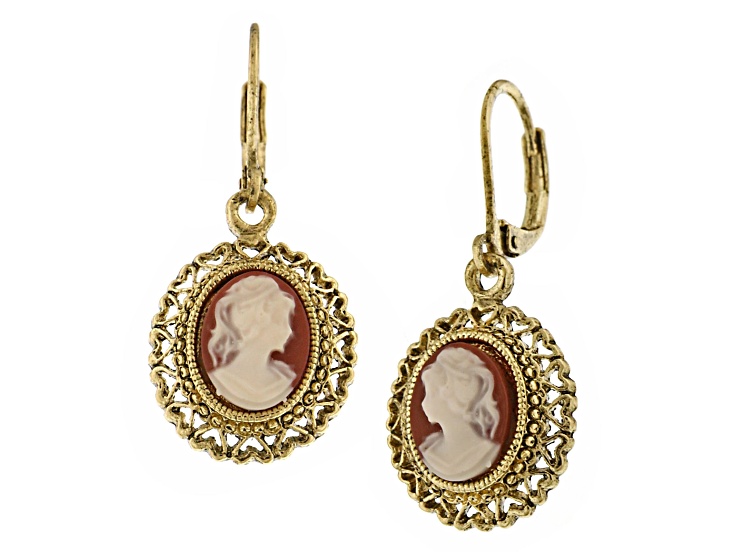 1928 Jewelry Gold Tone Faux Dark Carnelian Cameo Oval Drop Earrings