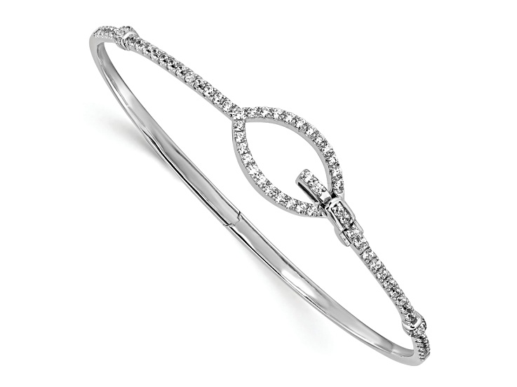 Rhodium Over 14k White Gold Polished Diamond Oval Buckle Hinged Bangle