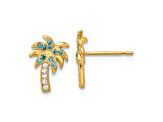 14k Yellow Gold Textured Blue and Clear Cubic Zirconia Palm Tree Stud Earrings