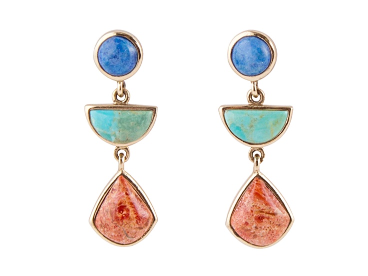 Barse Jewelry Lapis Lazuli, Turquoise and Orange Sponge Coral Gold Tone Drop Earrings
