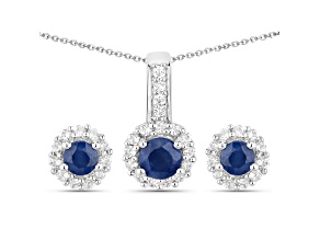 Blue Sapphire and White Topaz Rhodium Over Sterling Silver Stud Earrings and Necklace Jewelry Set